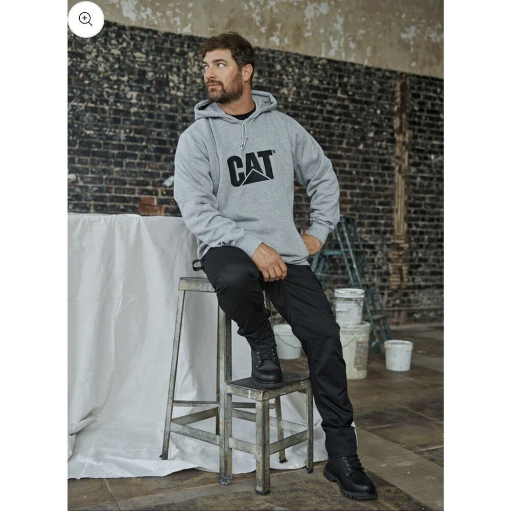CAT men’s L trademark hoodie pullover sweatshirt gray black fleece workwear